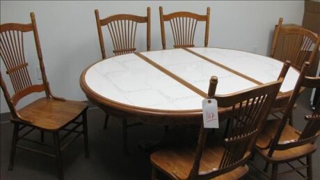 Lot--kitchen table with 6 wood spindle back chairs *** PLEASE NOTE: This lot is offered subject to bulk bid offer on lot 118
