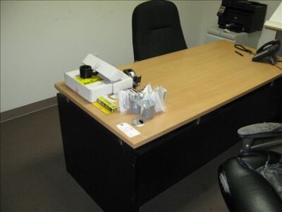 Double ped desk with swivel arm chair, damaged swivel arm chair, 2 drawer metal lateral file, 2 asst bookcases *** PLEASE NOTE: This lot is offered subject to bulk bid offer on lot 118 - 2