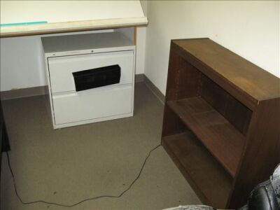 Double ped desk with swivel arm chair, damaged swivel arm chair, 2 drawer metal lateral file, 2 asst bookcases *** PLEASE NOTE: This lot is offered subject to bulk bid offer on lot 118 - 3